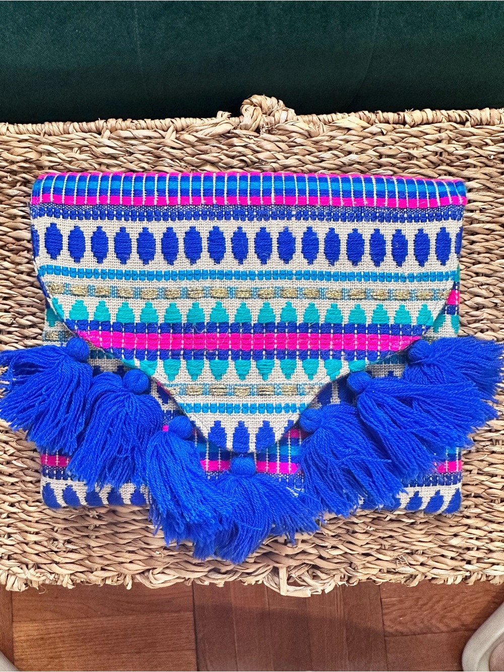 NWOT Boho Tassel Clutch - Blue & Pink Woven Envelope Bag